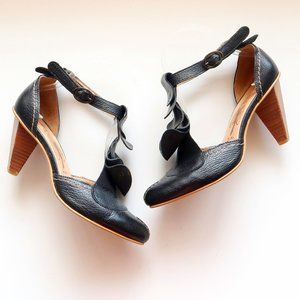 Fly London Black Leather Ankle Strap & Jabot Sturdy Heels / Almond Toe Shoes 7